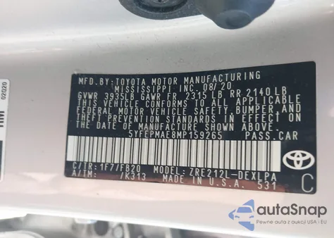 2021 Toyota Corolla Le из США, поврежденный, VIN 5YFEPMAE8MP159265